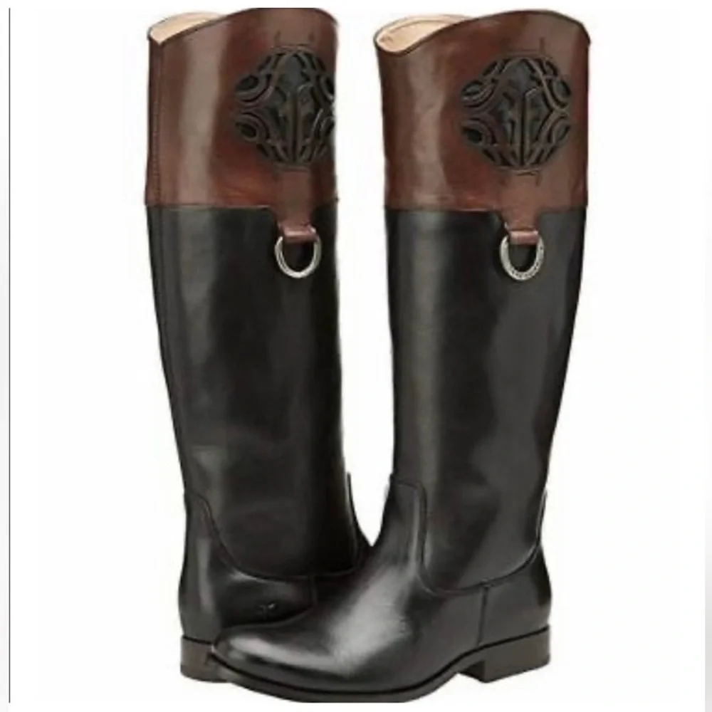 Frye Vintage Melissa Logo Monogram Riding Boots Black/Cognac Brown Size 6 $598